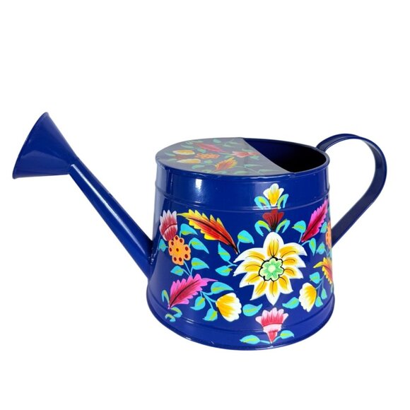 Jaipur In Bloom Floral Blue Metal Watering Can Garden Hand Painted Decorative - Picture 1 of 15
